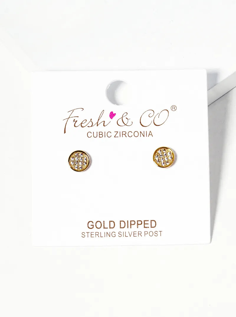 18k Gold Dipped CZ Pave 6mm Round Post Stud Earrings