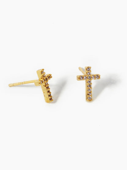 18k Gold Dipped CZ Pave 9mm Cross Stud Earrings