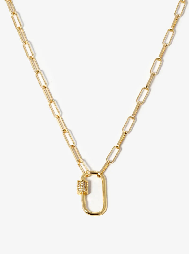 18k Gold Dipped CZ Pave Carabiner Pendant Chain Necklace