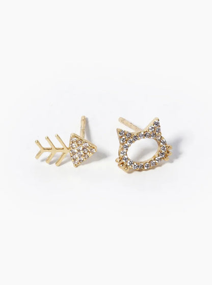 18k Gold Dipped CZ Pave Cat And Fishbone Stud Earrings