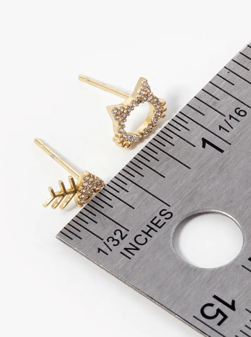 18k Gold Dipped CZ Pave Cat And Fishbone Stud Earrings