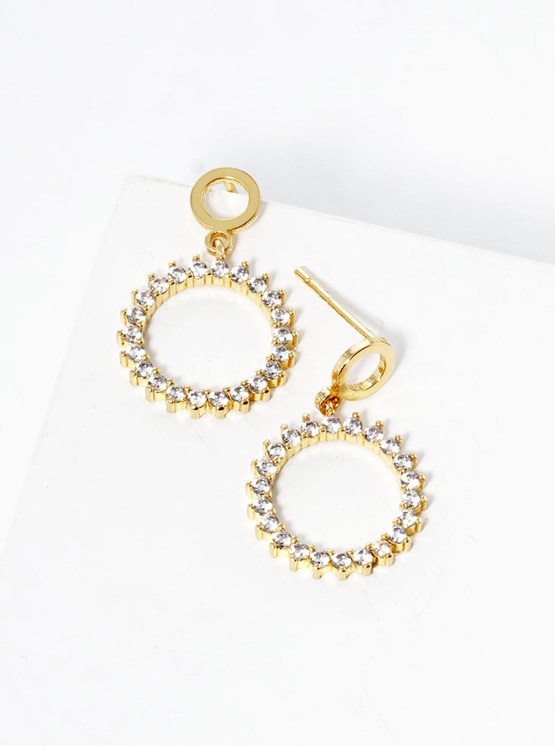 White Gold Dipped CZ Pave Circle Drop Post Earrings