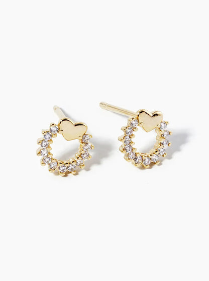 18k Gold Dipped CZ Pave Circle With Heart Post Stud Earrings