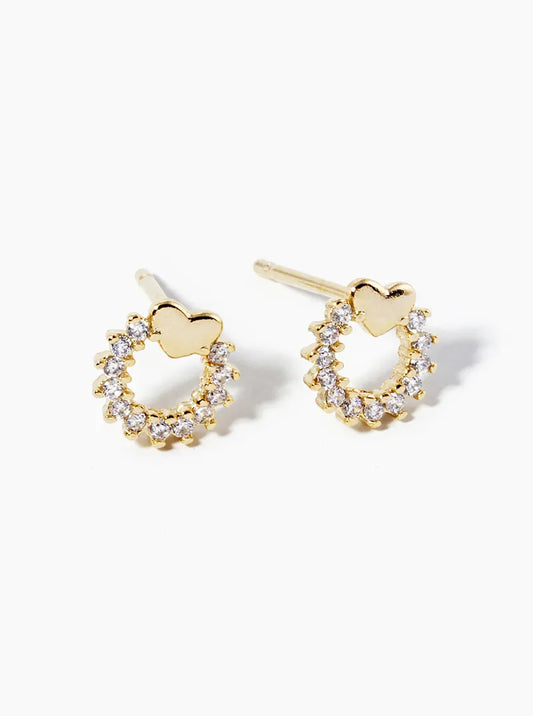 18k Gold Dipped CZ Pave Circle With Heart Post Stud Earrings