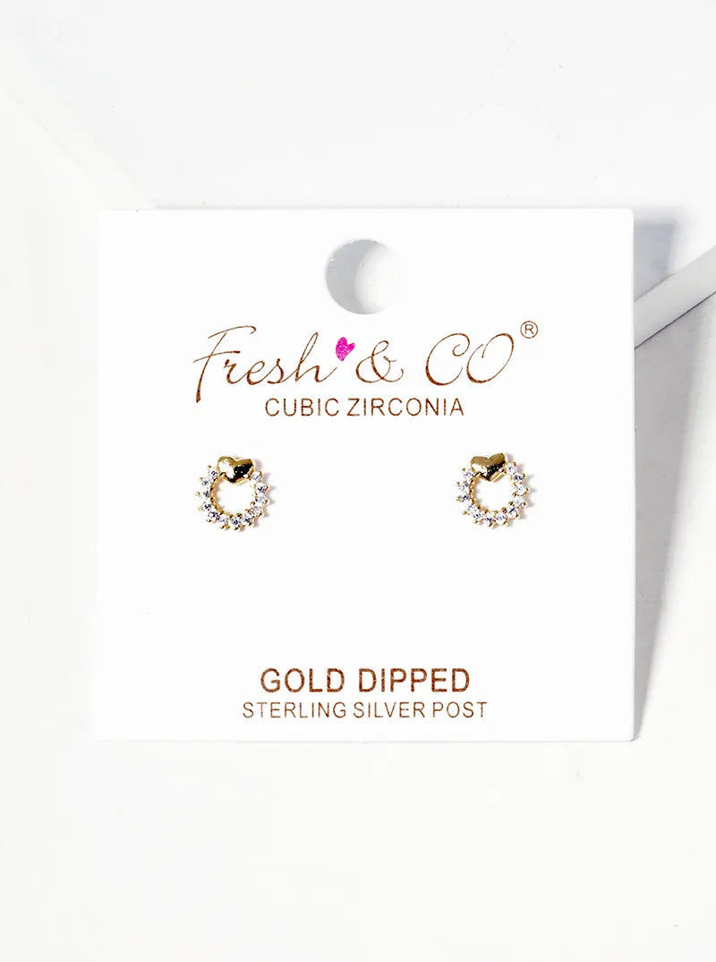 18k Gold Dipped CZ Pave Circle With Heart Post Stud Earrings