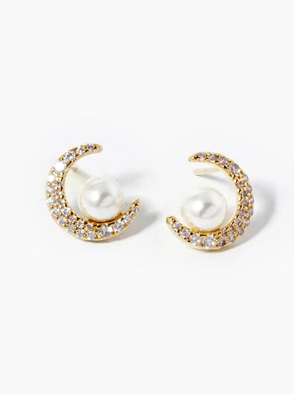 18k Gold Dipped CZ Pave Crescent Moon With Pearl Stud Earrings