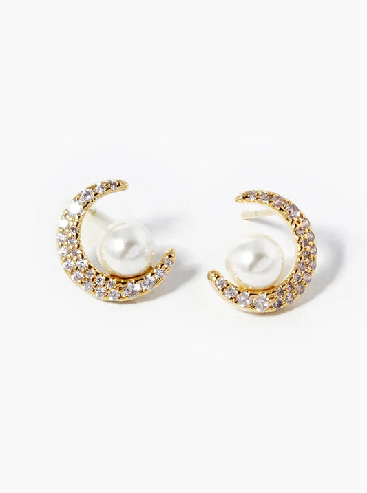 18k Gold Dipped CZ Pave Crescent Moon With Pearl Stud Earrings