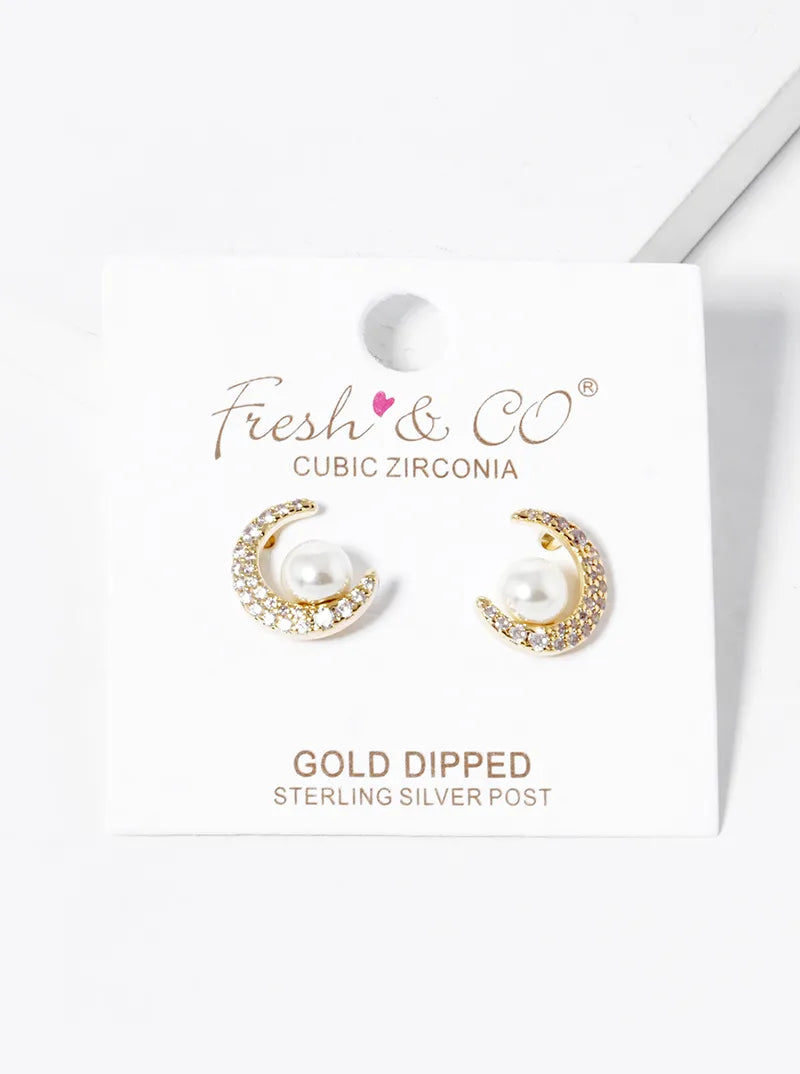 18k Gold Dipped CZ Pave Crescent Moon With Pearl Stud Earrings