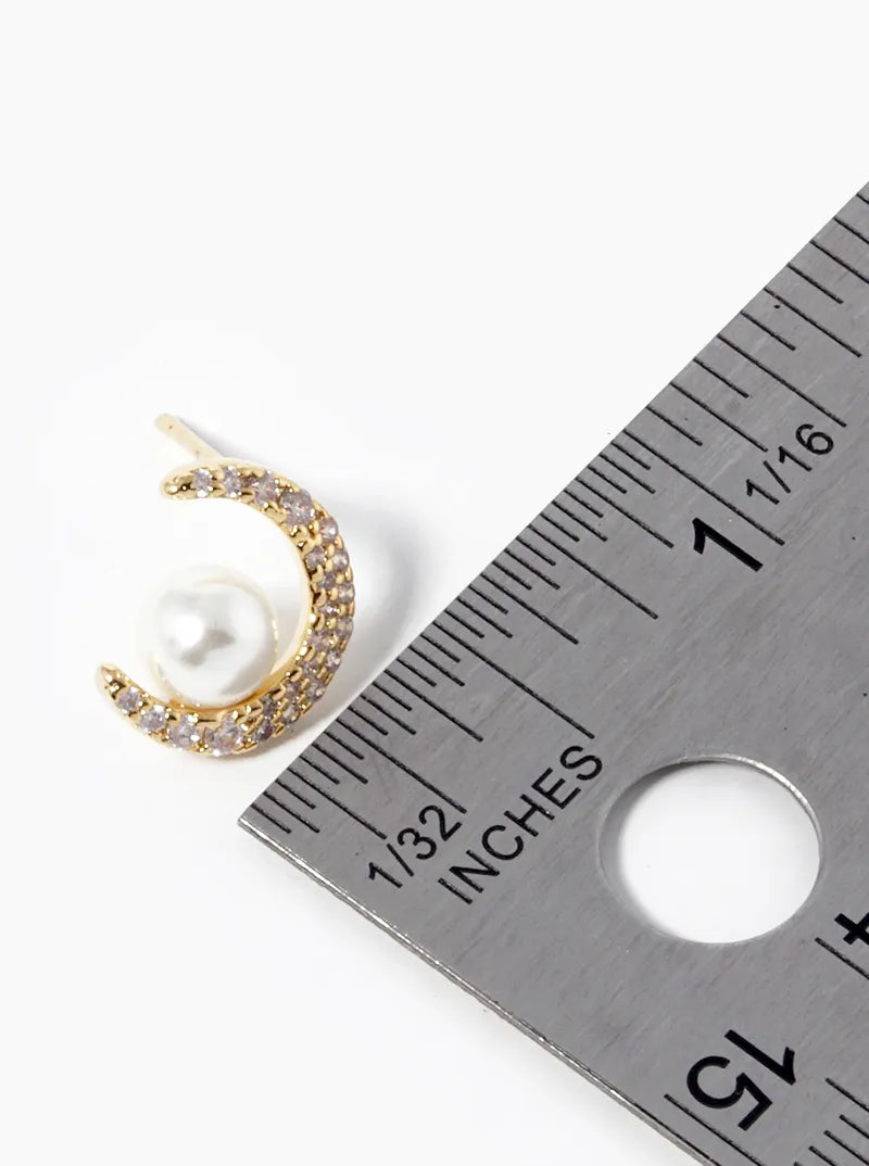18k Gold Dipped CZ Pave Crescent Moon With Pearl Stud Earrings