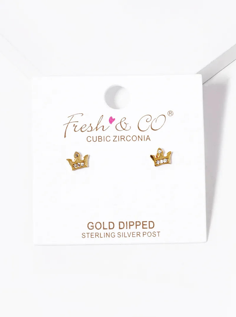 18k Gold Dipped CZ Pave Crown Stud Earrings