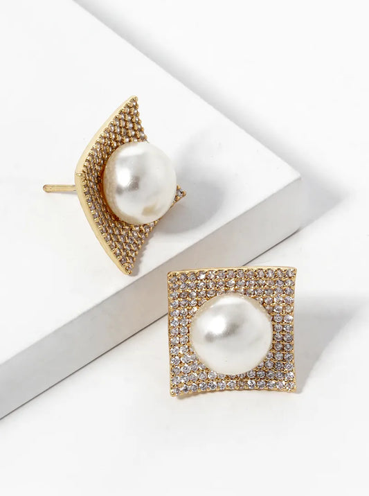 18k Gold Dipped CZ Pave Curved Square With 9mm Pearl Stud Earrings