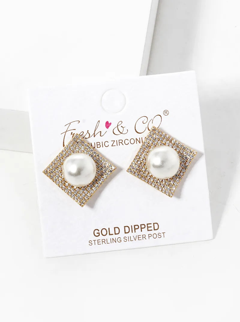 18k Gold Dipped CZ Pave Curved Square With 9mm Pearl Stud Earrings
