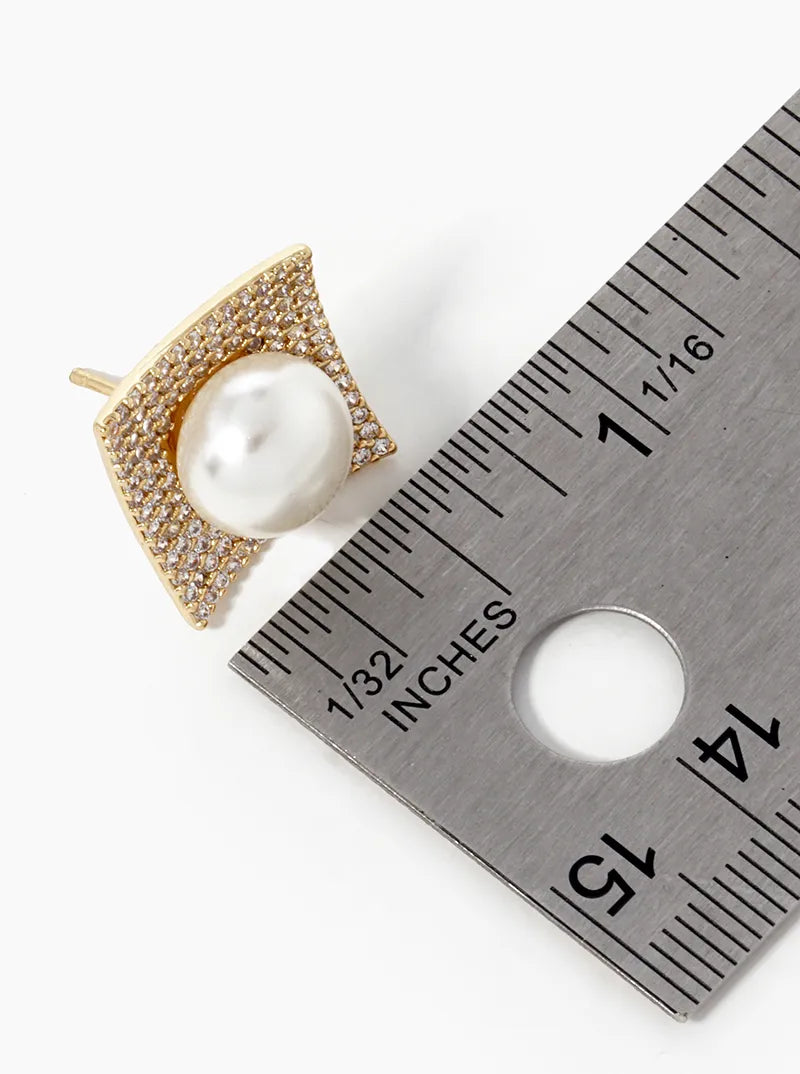 18k Gold Dipped CZ Pave Curved Square With 9mm Pearl Stud Earrings