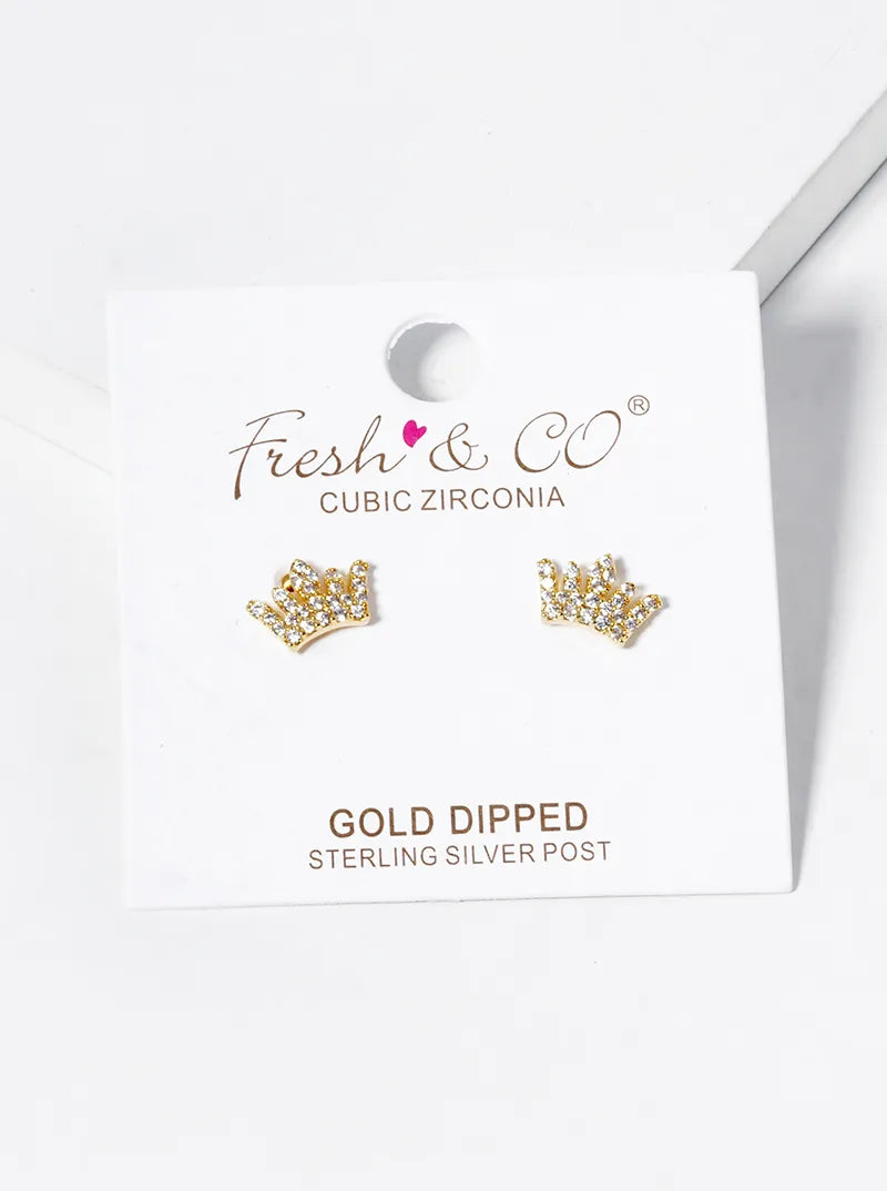 18k Gold Dipped CZ Pave Dainty Crown Stud Earrings
