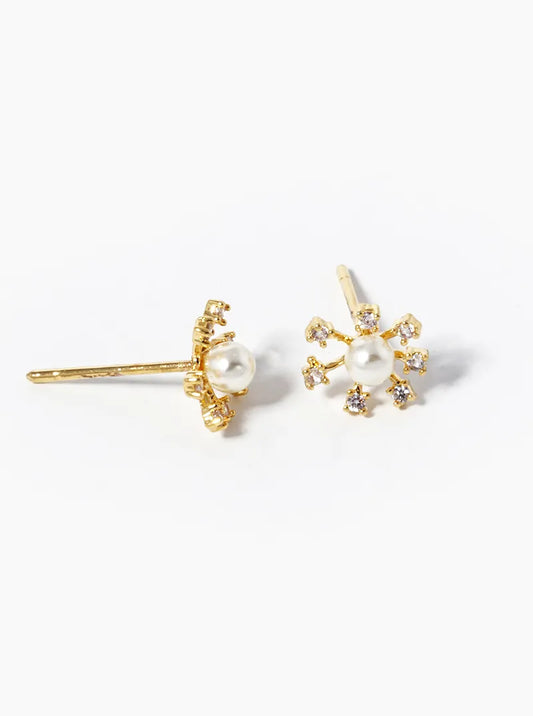 18k Gold Dipped CZ Pave Dainty Pearl Flower Stud Earrings