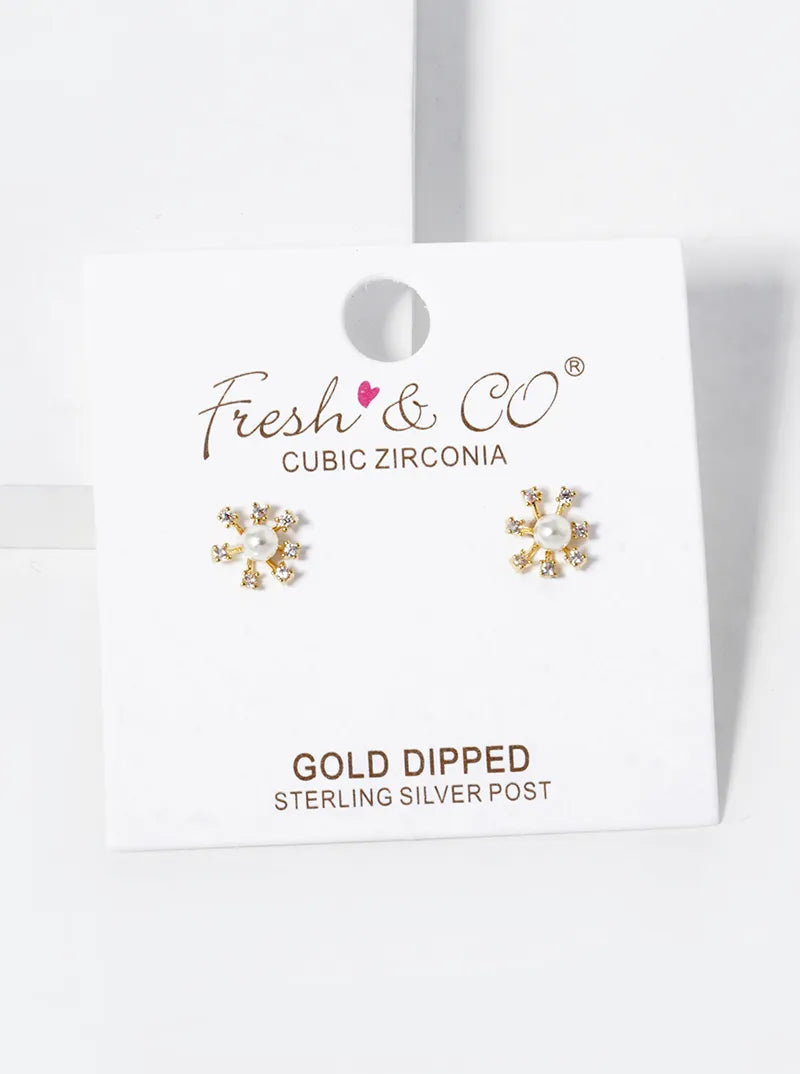 18k Gold Dipped CZ Pave Dainty Pearl Flower Stud Earrings