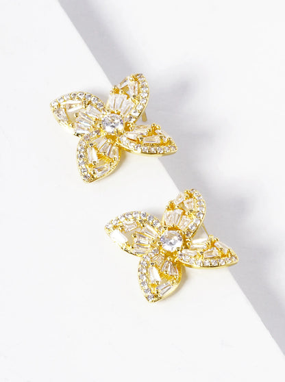 18k Gold Dipped CZ Pave Designer Inspired Flower Stud Earrings