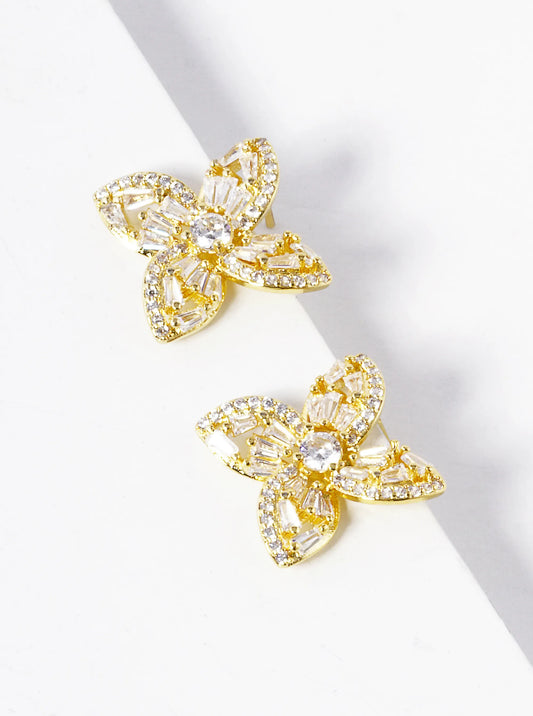 18k Gold Dipped CZ Pave Designer Inspired Flower Stud Earrings