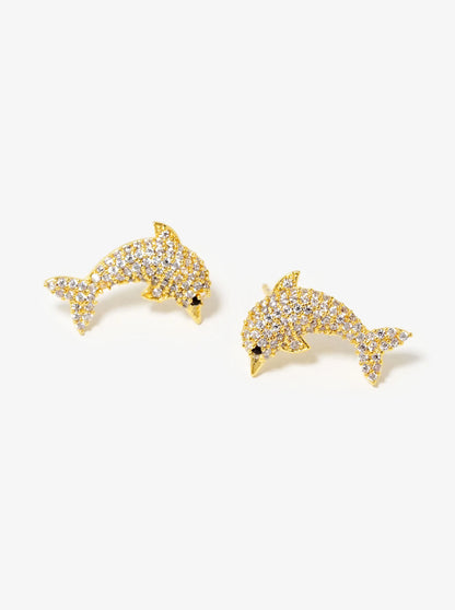 18k Gold Dipped CZ Pave Dolphin Stud Earrings