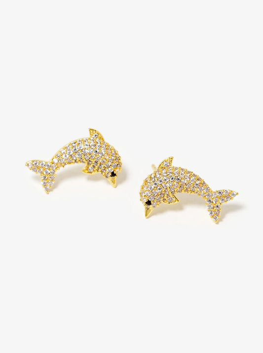 18k Gold Dipped CZ Pave Dolphin Stud Earrings