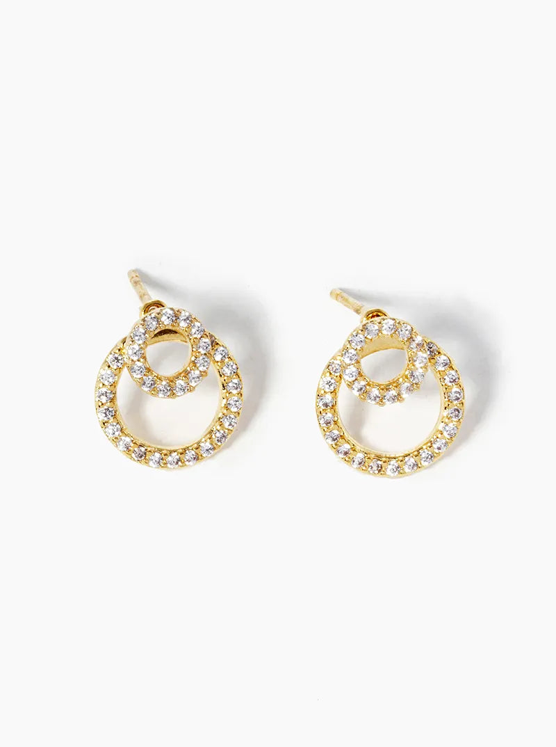 18k Gold Dipped CZ Pave Double Circle Post Stud Earrings