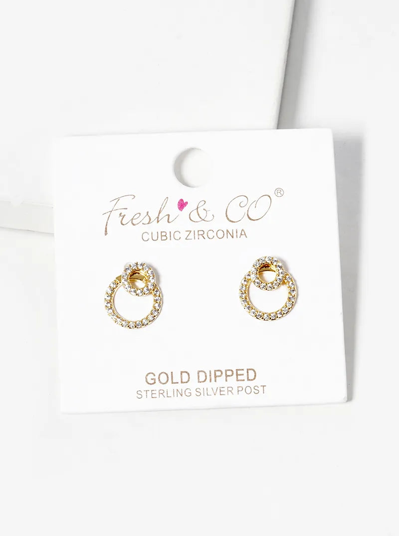 18k Gold Dipped CZ Pave Double Circle Post Stud Earrings