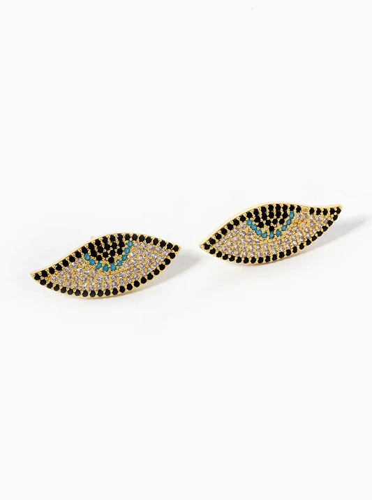 18k Gold Dipped CZ Pave Evil Eye Spiritual Stud Earrings