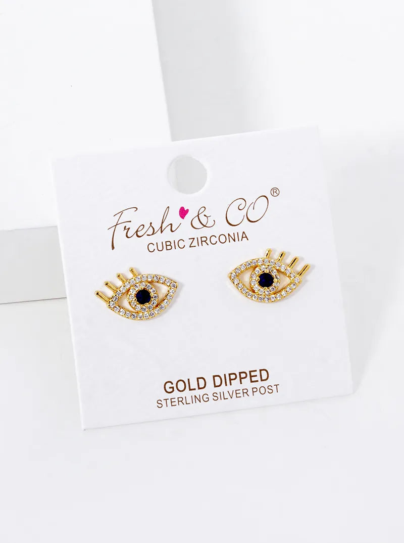18k Gold Dipped CZ Pave Evil Eye Stud Earrings