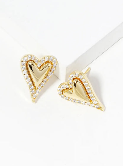 18k Gold Dipped CZ Pave Heart Post Stud Earrings