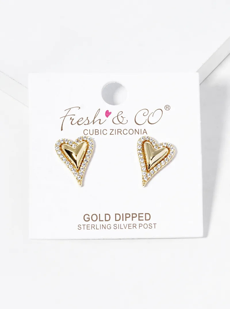 18k Gold Dipped CZ Pave Heart Post Stud Earrings