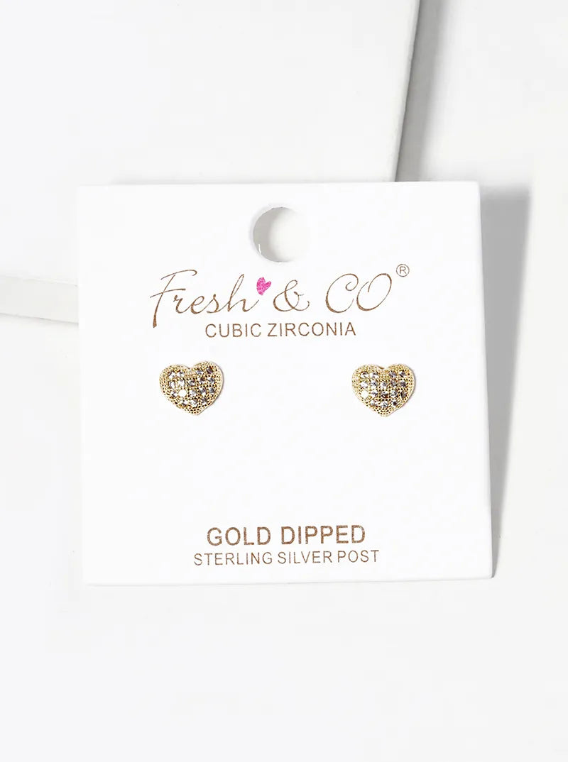 18k Gold Dipped CZ Pave Heart Post Stud Earrings