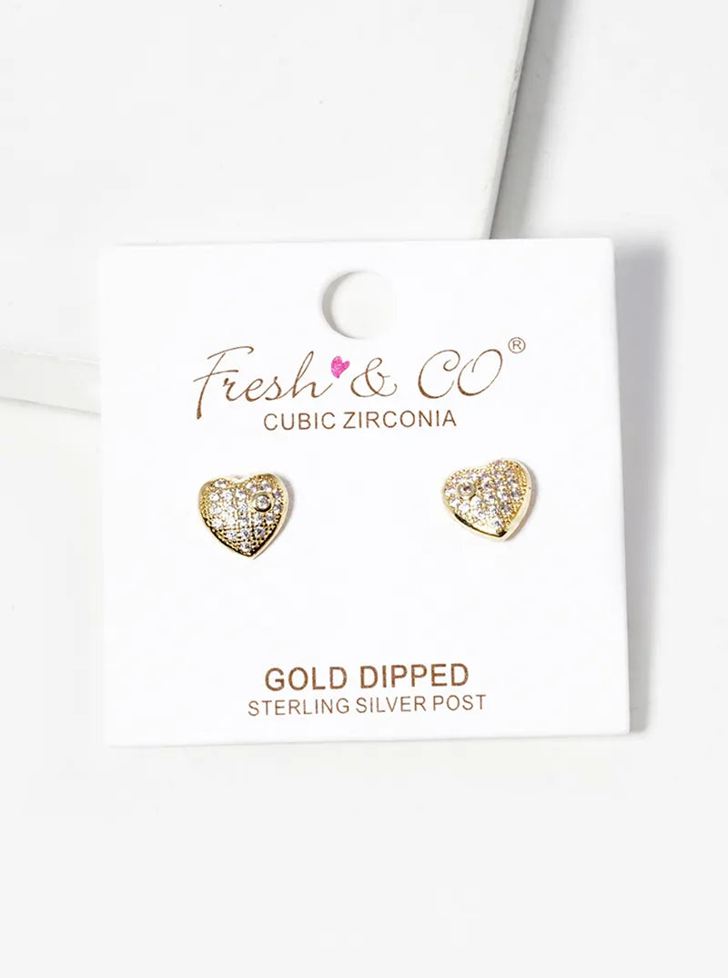 18k Gold Dipped CZ Pave Heart Post Stud Earrings