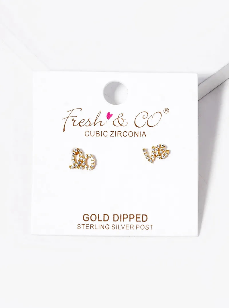 18k Gold Dipped CZ Pave Italic Love Stud Earrings