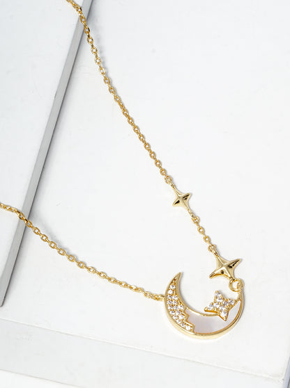 18k Gold Dipped CZ Pave MOP Crescent Moon Pendant Necklace