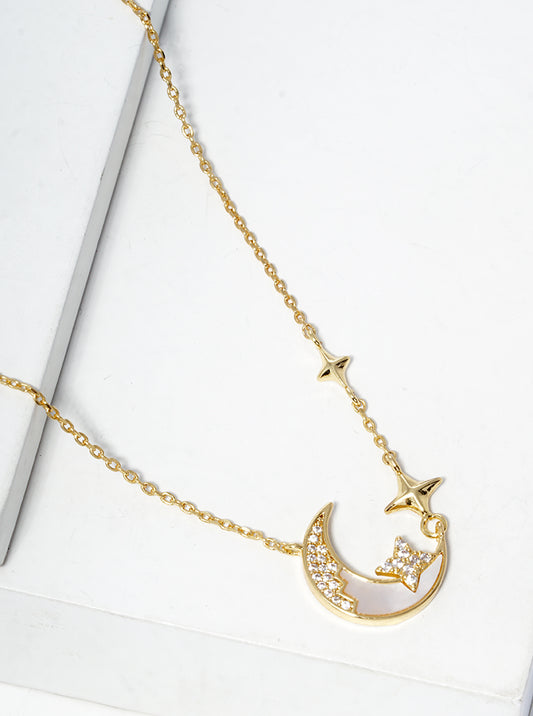 18k Gold Dipped CZ Pave MOP Crescent Moon Pendant Necklace