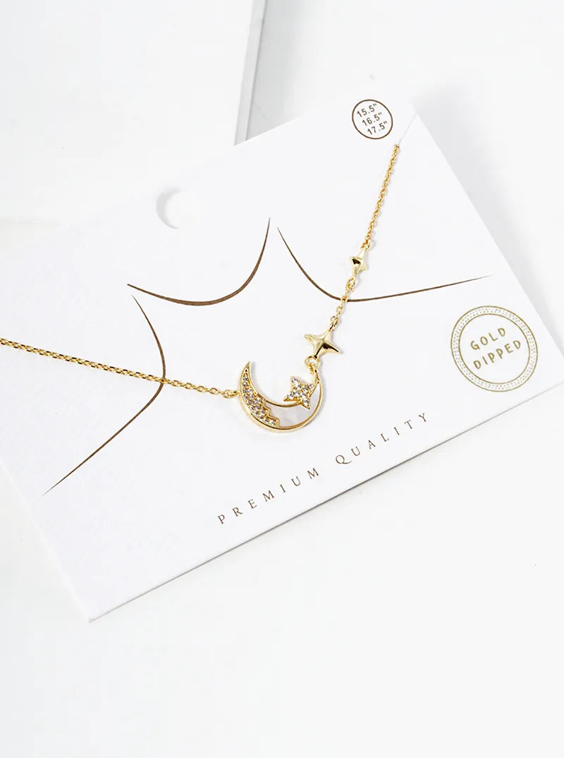 18k Gold Dipped CZ Pave MOP Crescent Moon Pendant Necklace