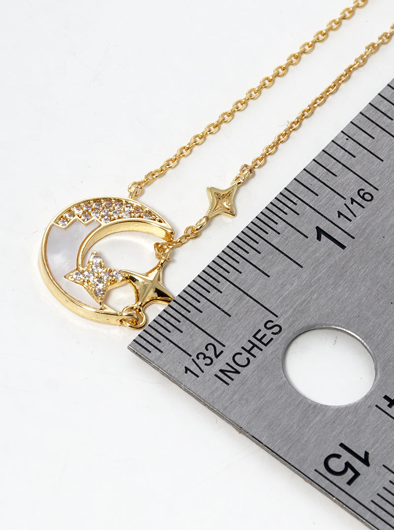18k Gold Dipped CZ Pave MOP Crescent Moon Pendant Necklace