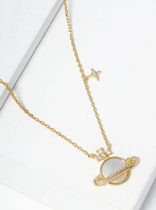 18k Gold Dipped CZ Pave MOP Saturn Pendant Necklace