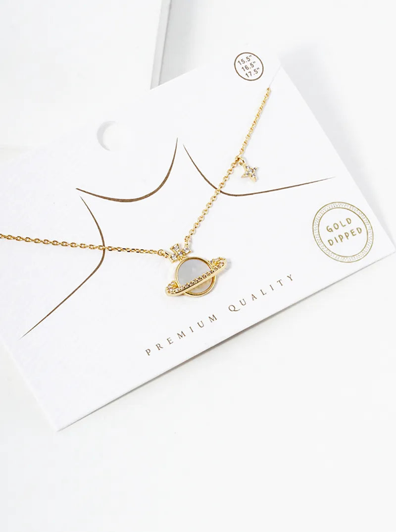 18k Gold Dipped CZ Pave MOP Saturn Pendant Necklace