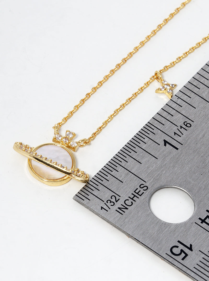 18k Gold Dipped CZ Pave MOP Saturn Pendant Necklace