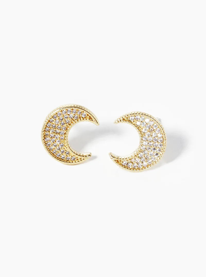 18k Gold Dipped CZ Pave Moon Post Stud Earrings