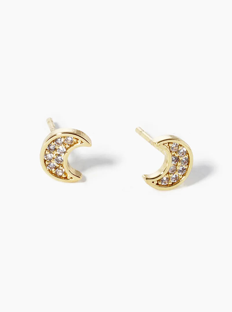 18k Gold Dipped CZ Pave Moon Post Stud Earrings
