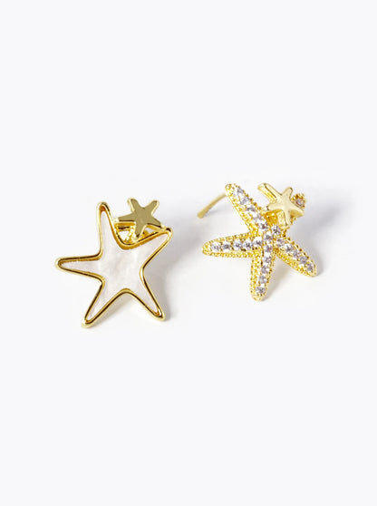 18k Gold Dipped CZ Pave Mother Of Pearl Asymmetric Brass Starfish Stud Earrings