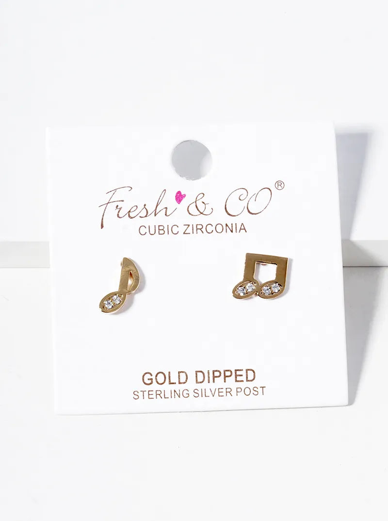 18k Gold Dipped CZ Pave Musical Notes Post Stud Earrings