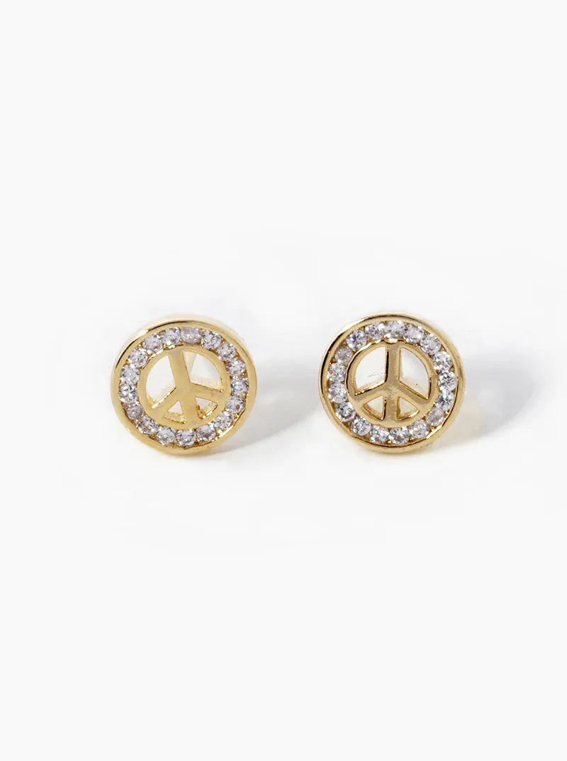 18k Gold Dipped CZ Pave Peace Sign Stud Earrings