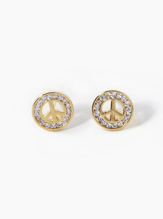 18k Gold Dipped CZ Pave Peace Sign Stud Earrings