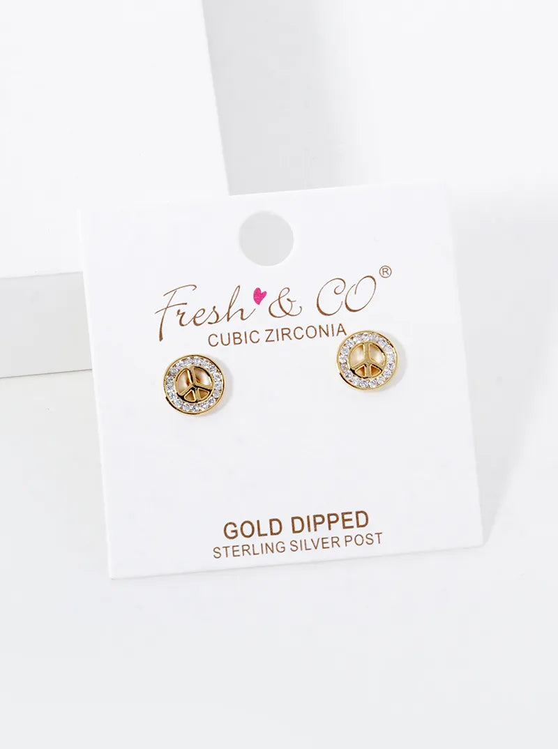 18k Gold Dipped CZ Pave Peace Sign Stud Earrings