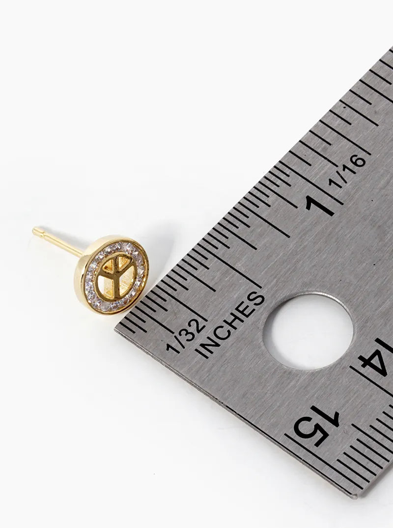 18k Gold Dipped CZ Pave Peace Sign Stud Earrings
