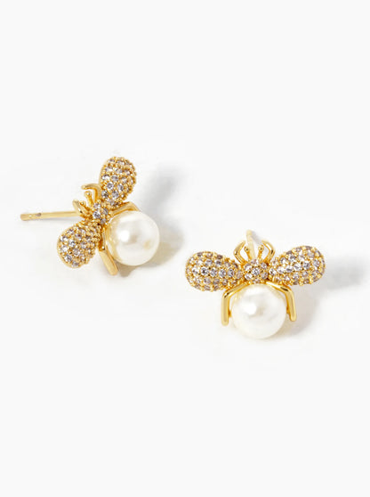18k Gold Dipped CZ Pave Pearl Bumblebee Stud Earrings