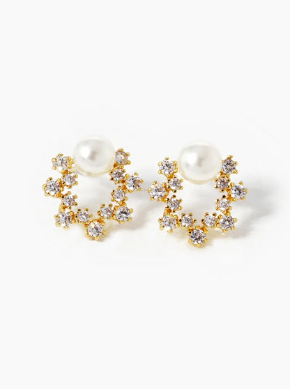 18k Gold Dipped CZ Pave Pearl Wreath Stud Earrings